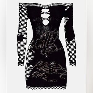 Viral Poster Girl Black Off-Shoulder Dress with Rhinestone Designs